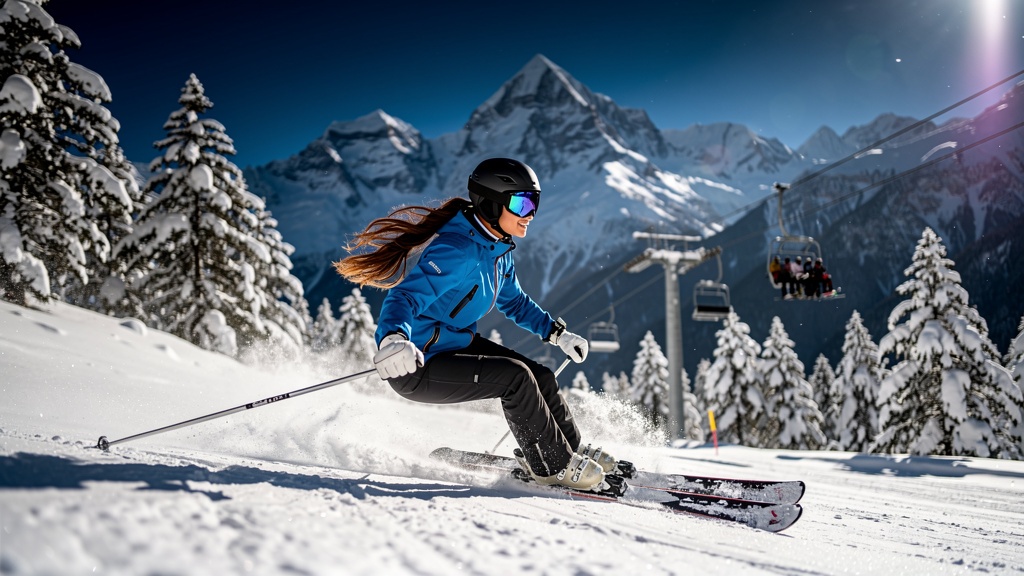 Skiing in Auli with Himalayan peaks in the background