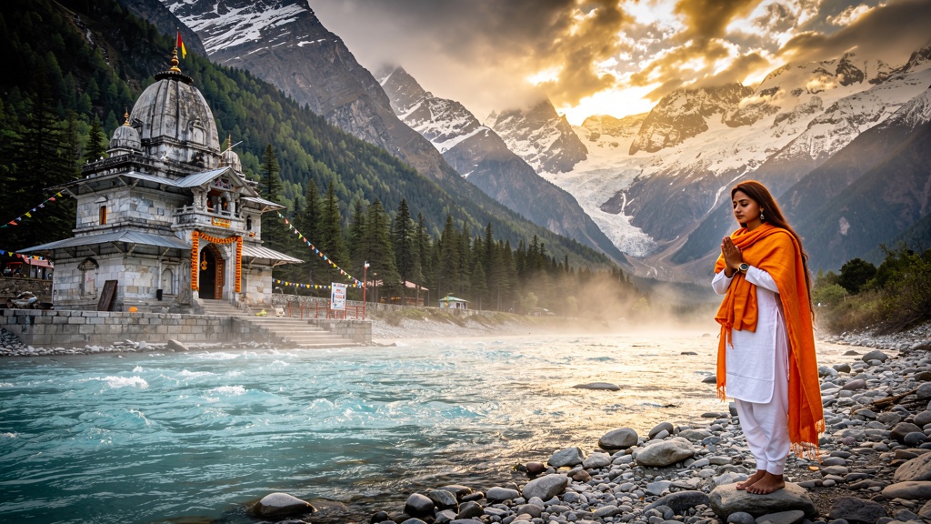 Gangotri temple on the banks of Bhagirathi river