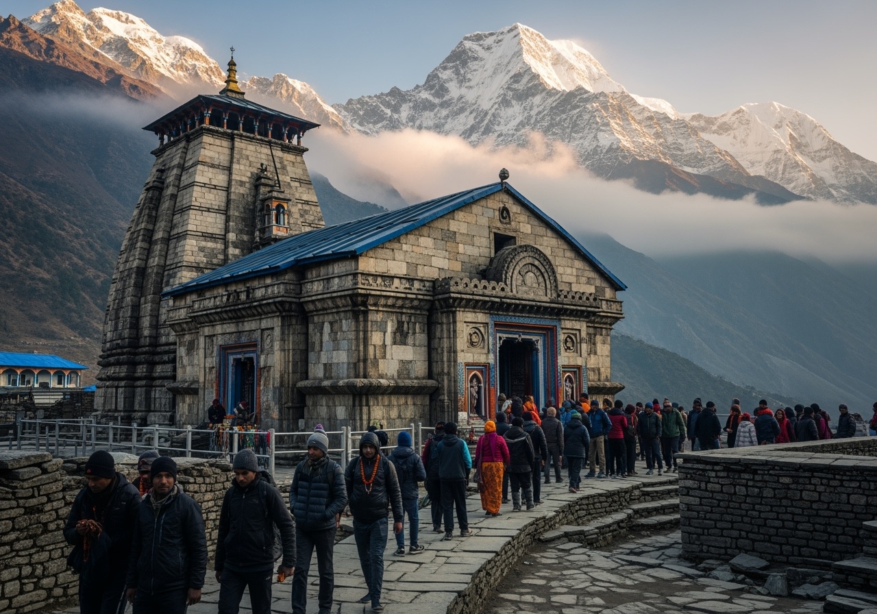 Kedarnath Temple with snow-capped peaks