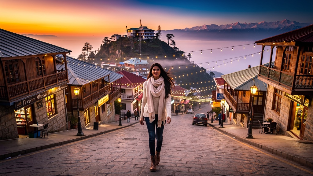 Mussoorie Mall Road at sunset with Himalayan views