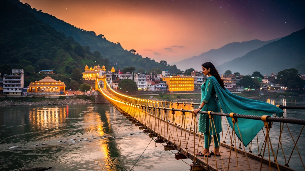 Lakshman Jhula bridge Rishikesh at dusk