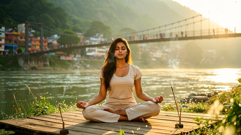 Sunrise yoga and meditation in Rishikesh overlooking the Ganges